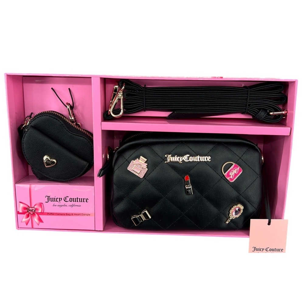 Juicy Couture Puffy Camera Bag Gift Set Black Quilted Charms Y2K Coquette NEW